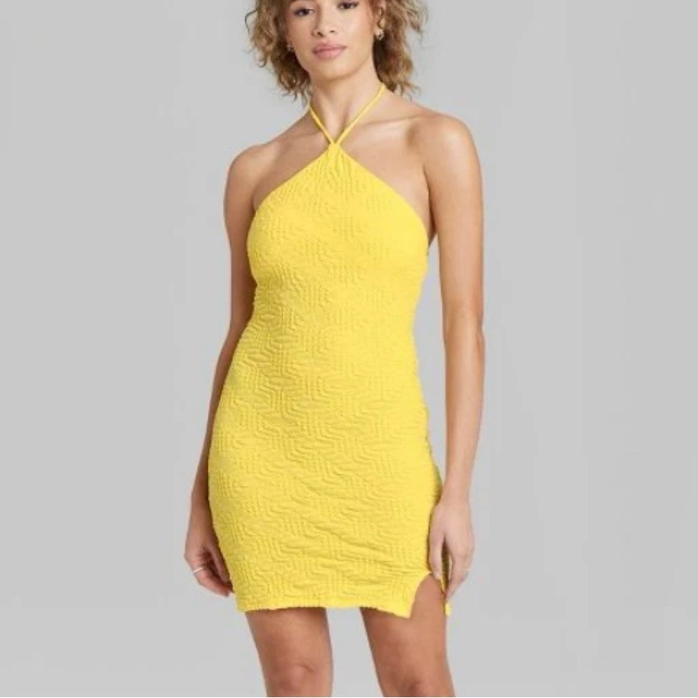 Wild‎ Fable Women Yellow Halter Mini Dress Smocked Bodycon Summer Size Large NEW